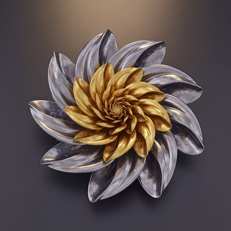 Golden and silver abstract flower with layered petals forming a spiral pattern.の素材