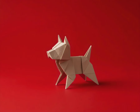 Origami dog sculpture on red backgroundの素材