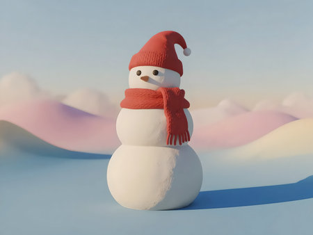 Cute snowman with red hat and scarf standing on snowy pastel hills.の素材