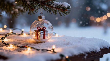 Glass bauble with small gift box placed on snowy table with lights.の素材