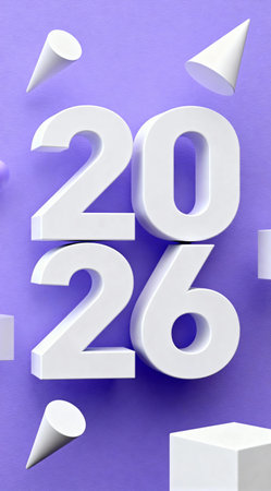White 3D 2026 surrounded by numbers by geometric shapes on purple background.の素材