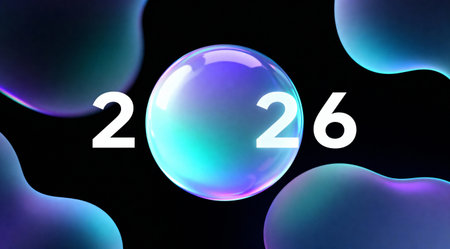 2026 text with glowing bubble shapes on dark abstract background.の素材