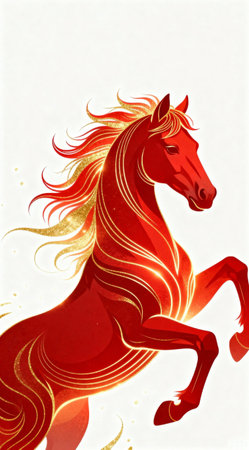 Red horse with flowing golden mane against light background.の素材