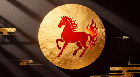 Golden disc featuring red horse artwork on dark background.の素材