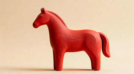 Red clay horse figurine on beige surface.の素材