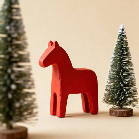Red wooden horse figure placed among miniature winter trees.の素材