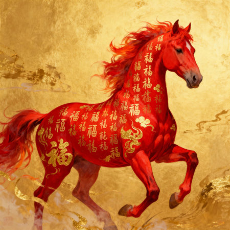 Chinese New Year, Year of the Horse. Red horse on gold backgroundの素材