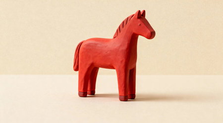 Red horse figurine standing on beige surface.の素材