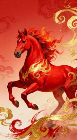 Horse with red mane on a red background with golden ornamentの素材