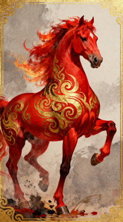 Chinese style red horse with gold patterns.の素材