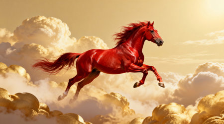 Three dimensional red horse galloping over golden clouds with dramatic lighting.の素材