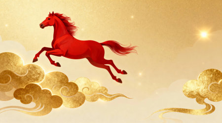 Red horse illustration leaping among stylized golden clouds on light background.の素材