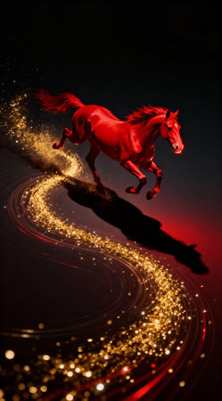 Red 3D horse galloping along long golden light trail on black background.の素材