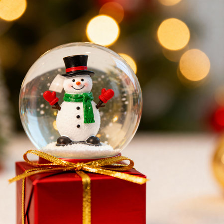Snowman snow globe standing on red gift box with golden ribbon and warm Christmas lights behind.の素材