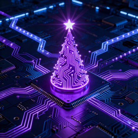 Glowing purple cyber Christmas tree made of circuits on microchip.の素材