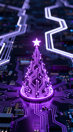 Vertical neon cyber Christmas tree with circuits on dark motherboard.の素材