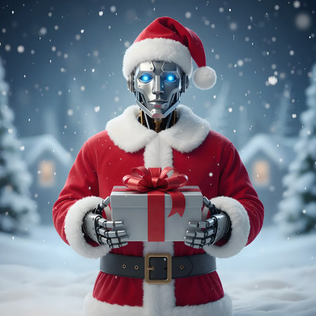 Futuristic robot santa holding a Christmas gift box in snowy night scenery.の素材