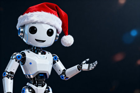 Friendly robot in santa hat presenting copy space with festive lights.の素材