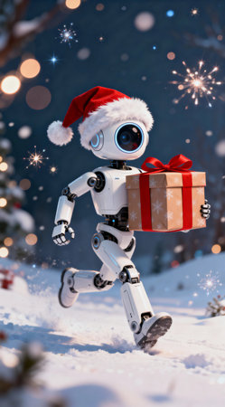 Cute robot running through snowy winter landscape while carrying a festive gift box in a Santa hat.の素材