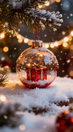 Glass ornament with a glowing red gift box inside hanging from a snowy branch with warm winter lights.の素材