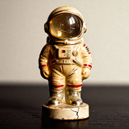 Vintage astronaut figurine standing on dark table surface.の素材