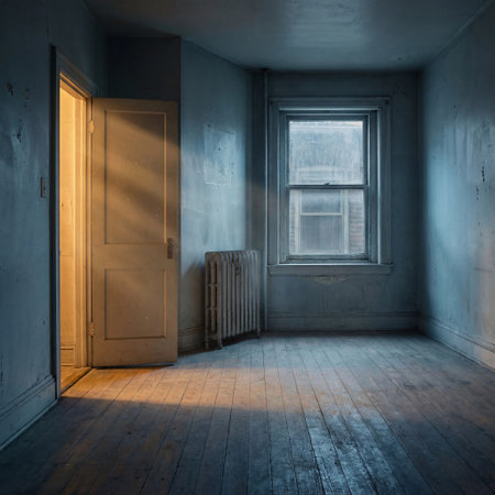 Empty blue room with cold window glow.の素材