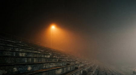 Night bleachers covered in thick fog and silence.の素材