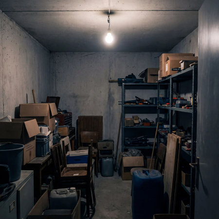 A dim, cluttered storage room filled with scattered boxes, shelves, and old supplies, illuminated by a single hanging bulb.の素材