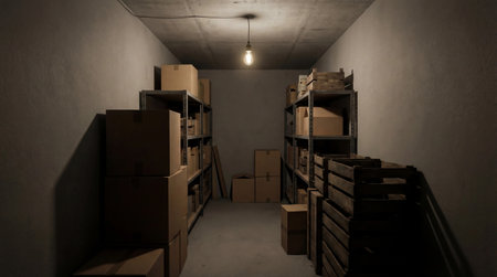 A narrow concrete storage room packed with cardboard boxes and crates, softly lit by a warm bare bulb above.の素材