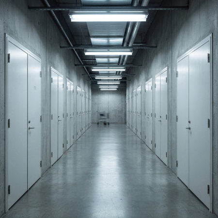 A long industrial corridor lined with white storage doors, brightly lit by harsh fluorescent fixtures overhead.の素材