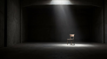 A vast dark concrete room with a single wooden chair illuminated by a dramatic spotlight from above.の素材