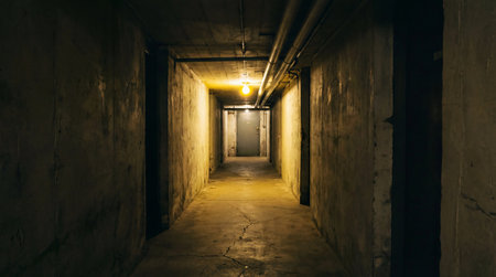 An aged underground hallway with exposed pipes, cracked walls, and a yellow bulb illuminating the decaying passageway.の素材