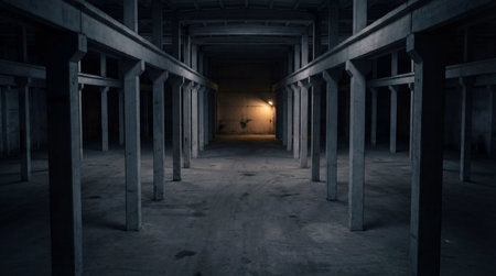 Empty concrete warehouse with rows of pillars at nightの素材