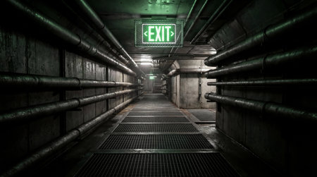 A long underground industrial tunnel filled with pipes, metal grates, and a green glowing exit sign.の素材
