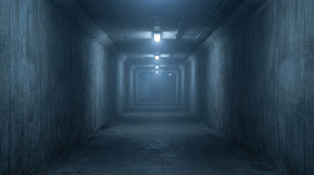 A long foggy concrete tunnel lit by dim ceiling lights fading into the distance.の素材
