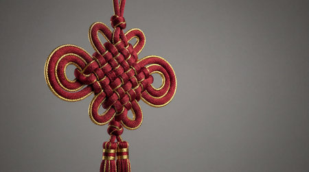 red chinese knot hanging against a gray background symbolizing good luckの素材