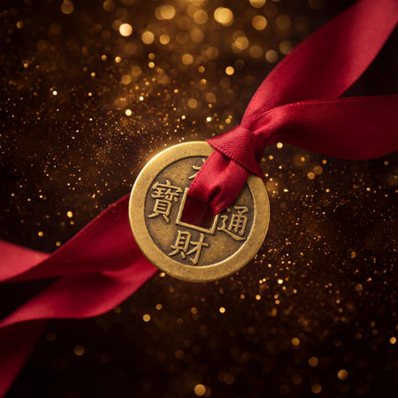 gold lucky coin tied with a red ribbon symbolizing wealth and fortuneの素材