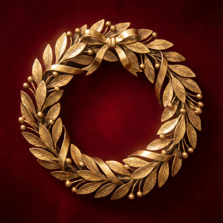 gold laurel wreath displayed neatly against deep red velvetの素材