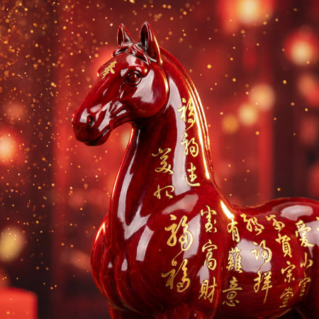 red horse statue decorated with flowing golden script detailsの素材