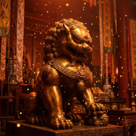 gold guardian lion statue standing inside traditional temple hallの素材
