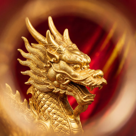 golden dragon statue with glowing accentsの素材