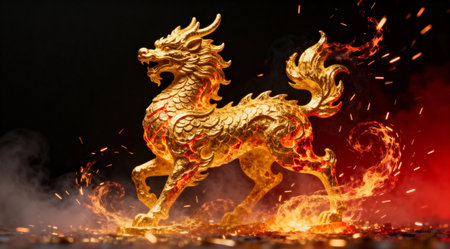 golden qilin statue on red glowing backgroundの素材