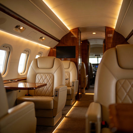 luxury jet interior with leather seats and warm lightingの素材