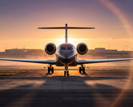 private jet front view at sunriseの素材