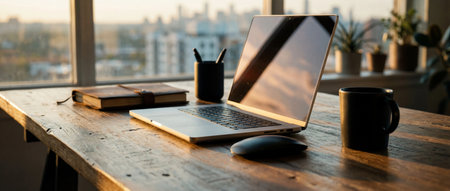 wooden desk with laptop and coffee in warm morning home officeの素材