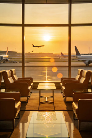airport lounge with leather chairs and runway view at golden sunsetの素材
