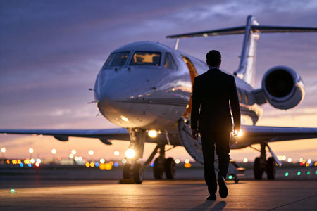 businessman walking toward private jet on runway at sunrise lightの素材