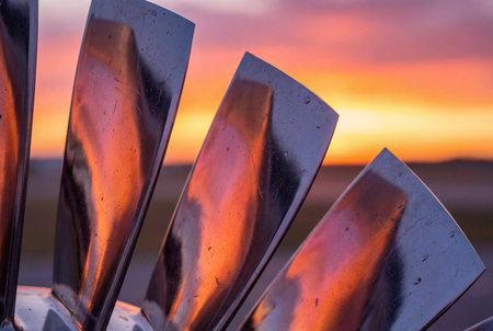 close up of metallic turbine blades reflecting colorful sunset lightの素材