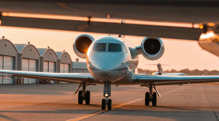 Private jet front view on airport apron at golden sunset near hangars.の素材