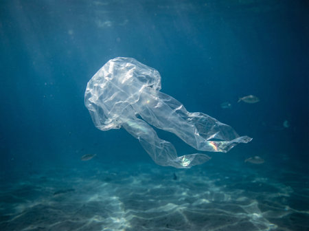 plastic bag shaped like jellyfish floating underwater highlighting pollutionの素材